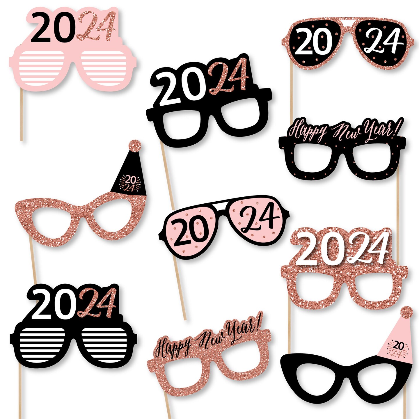 Big Dot of Happiness Rose Gold Happy New Year Glasses - Paper Card Stock 2024 New Year&#x27;s Eve Party Photo Booth Props Kit - 10 Count