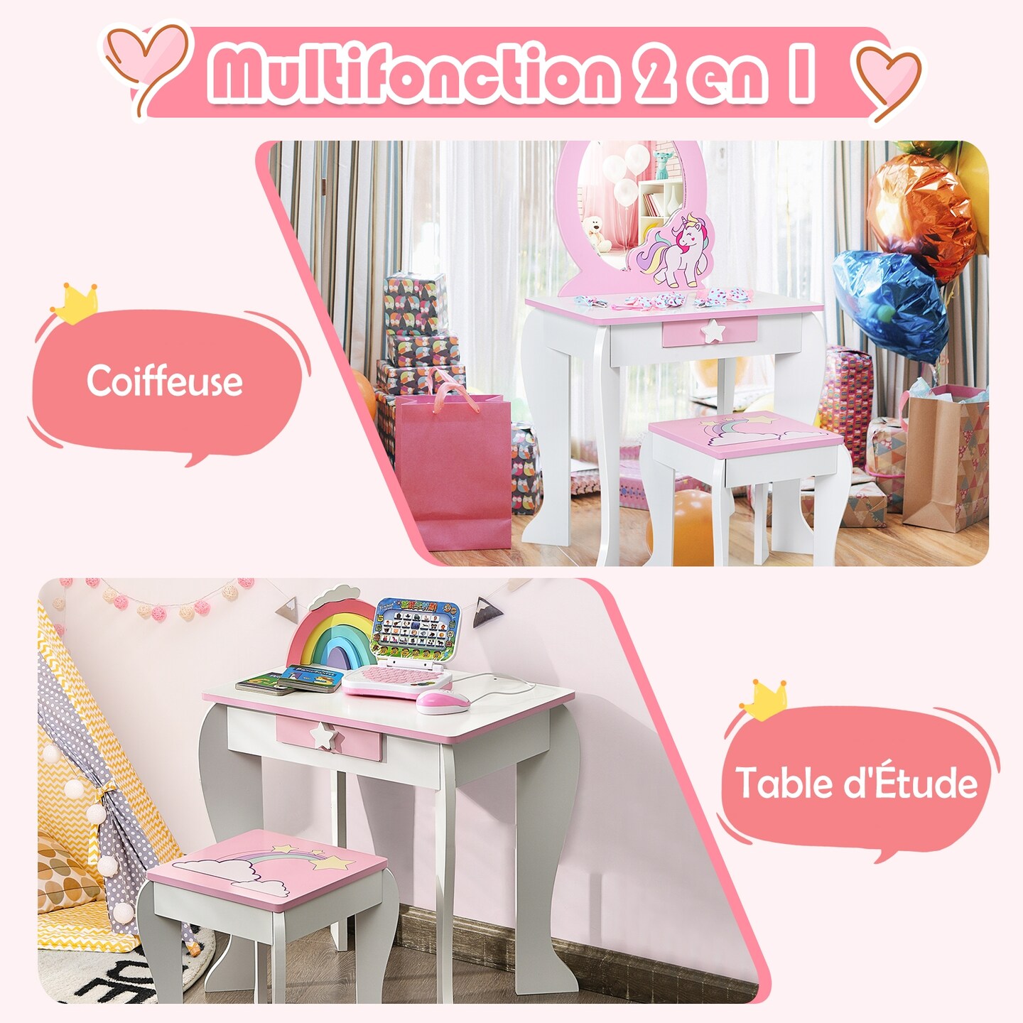 Kids Wooden Makeup Dressing Table and Chair Set with Mirror and Drawer