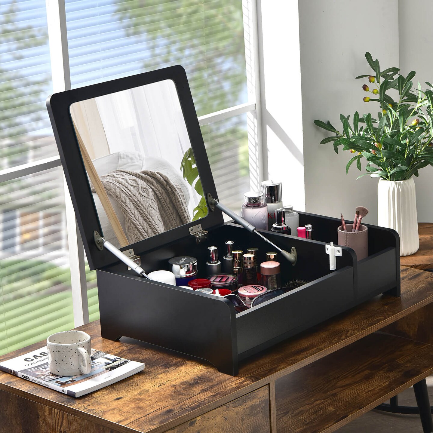 Compact Bay Window Makeup Dressing Table with Flip-Top Mirror