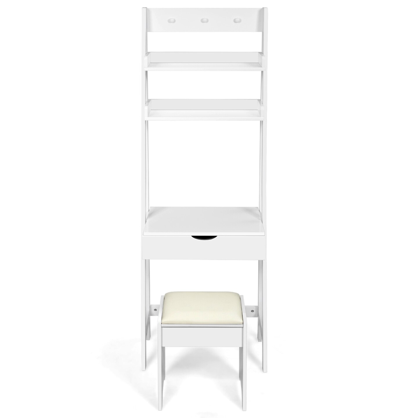 White Vanity Table with Flip Mirror, 3-in-1 Desk, Bookshelf, and Stool