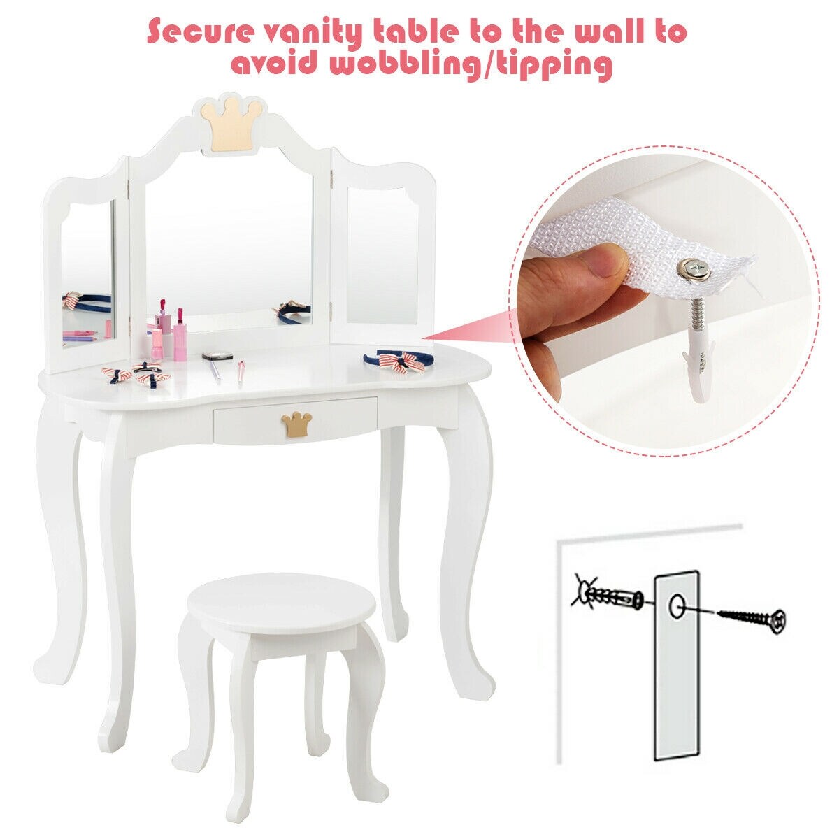 Kids Makeup Dressing Table with Tri-folding Mirror and Stool