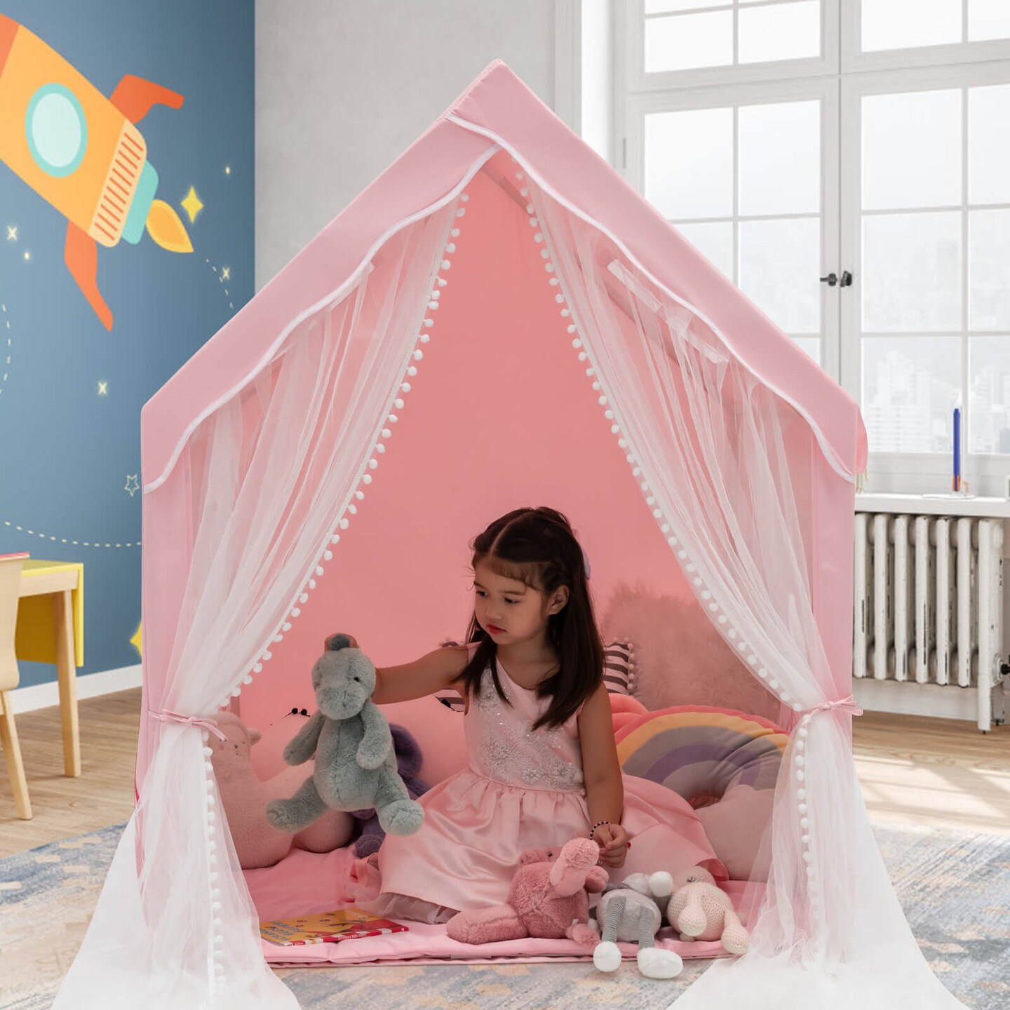 Kids Indoor Playhouse Tent with Removable and Comfortable Cotton Mat and Mesh Curtains