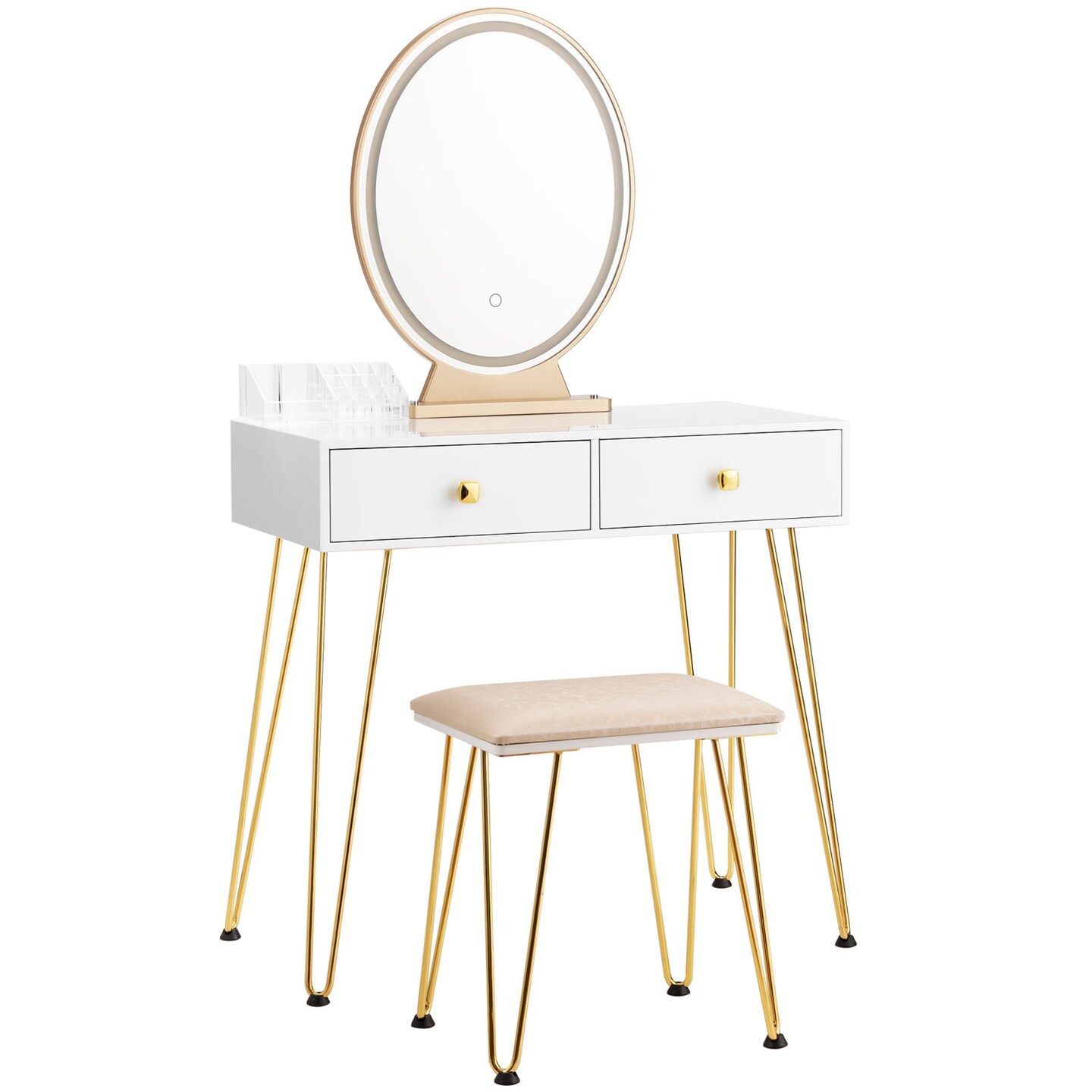 Makeup Dressing Table Included Soft Cushion Seat Stool with 3 Lighting Modes and 2 Large Drawers