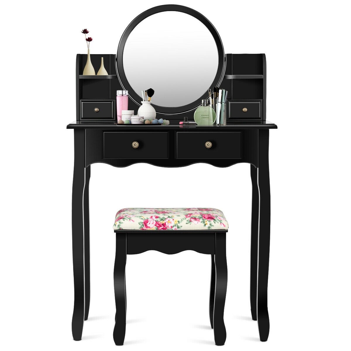 Makeup Vanity Table Set Girls Dressing Table with Drawers Oval Mirror