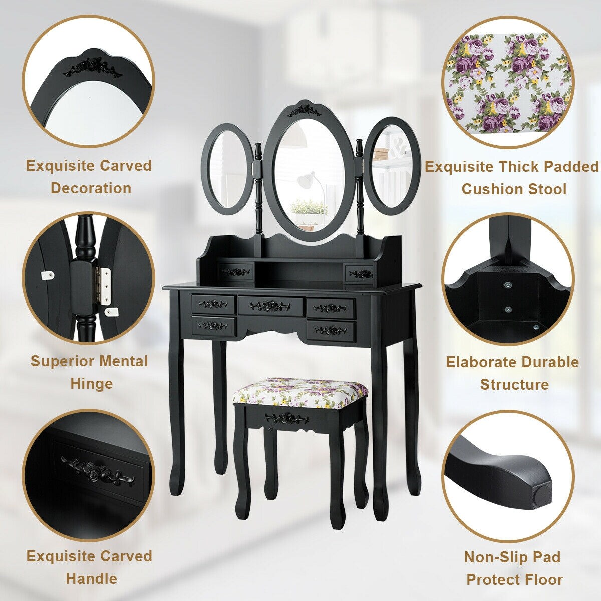 7 Drawer Tri-Folding Mirror Dressing Vanity Makeup Set