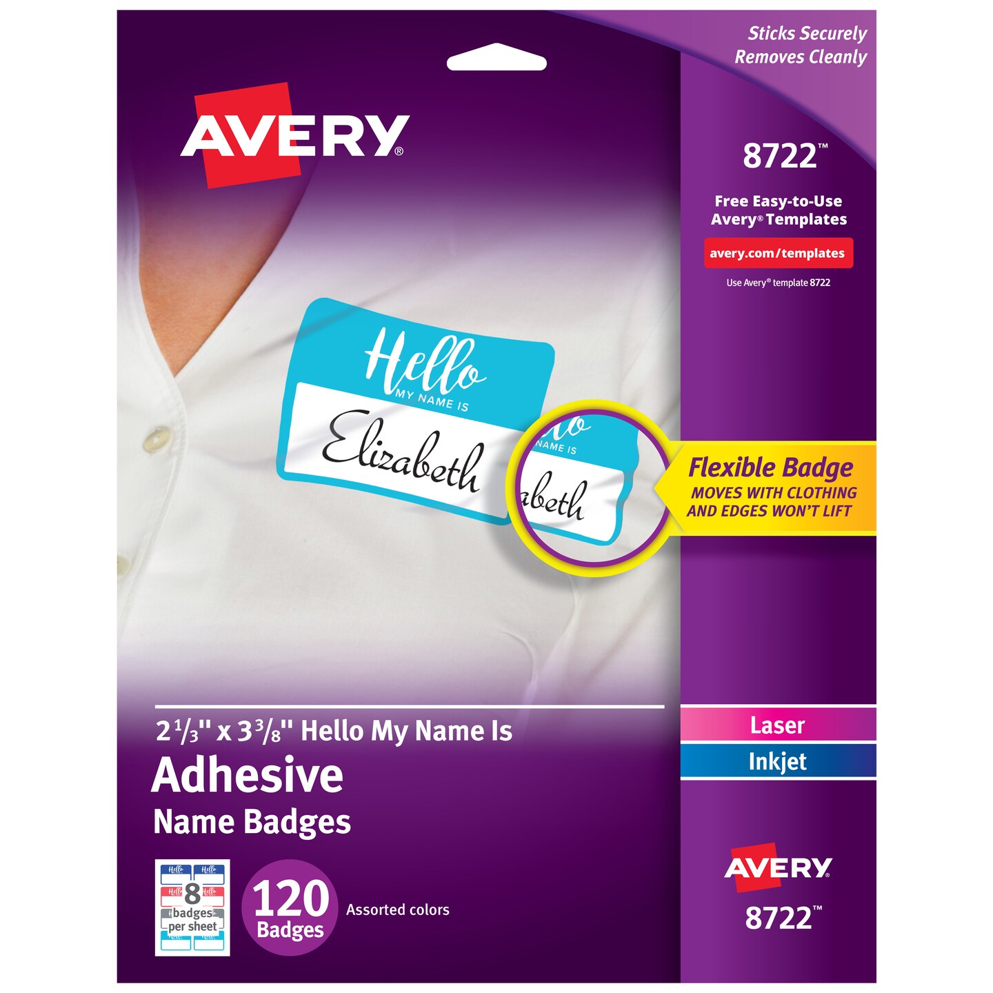 Avery Flexible Hello My Name Is Name Tags, 2-1/3&#x22; x 3-3/8&#x22;, White with Assorted Colored Border, 120 Removable Name Badges (08722)