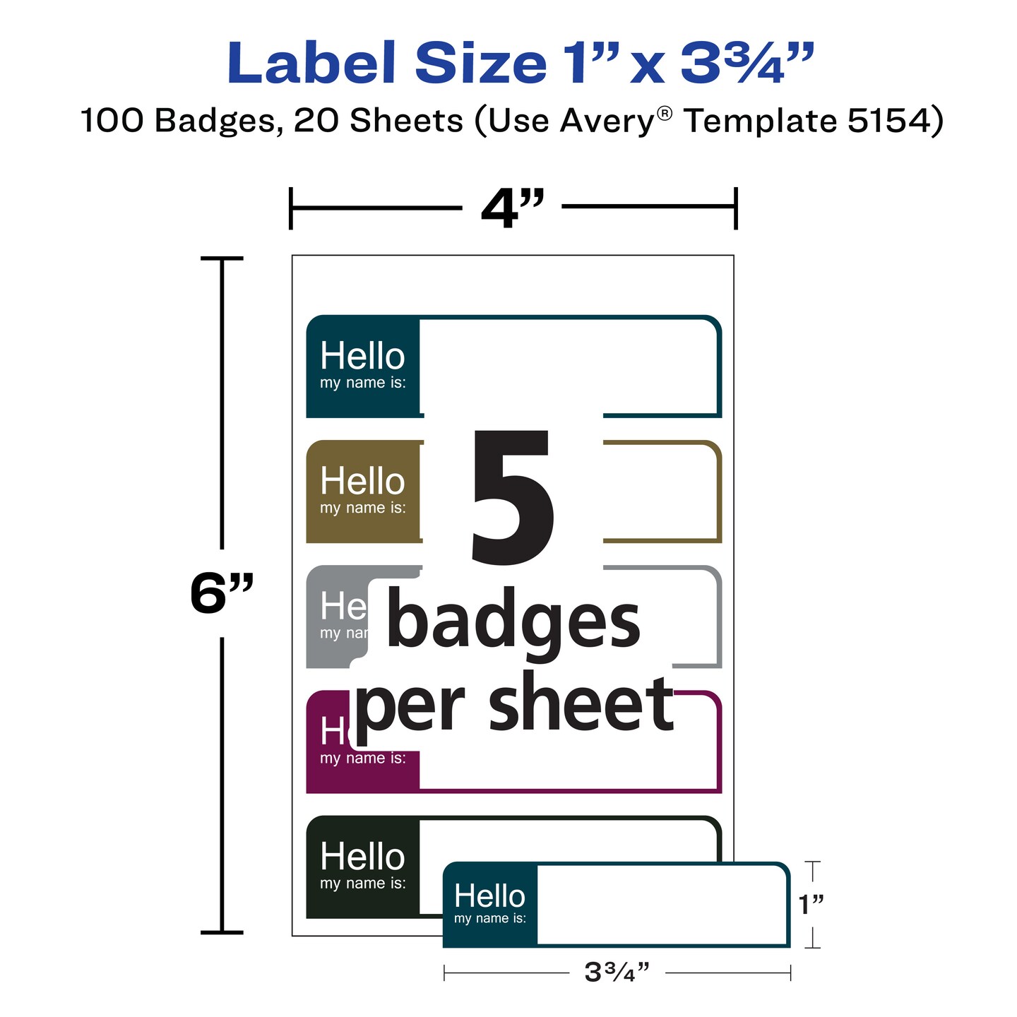 Avery Flexible Printable Name Tags, 1" x 3.75", Assorted Colors, 100 Removable Name Badges (05154)