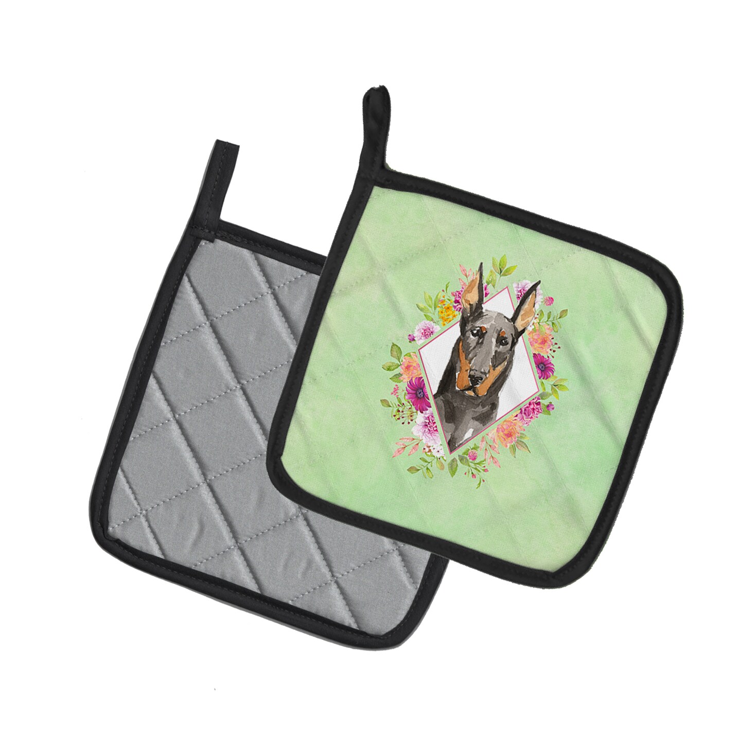 Caroline's Treasures Doberman Pinscher Green Flowers Pair of Pot Holders - Thumbnail 3