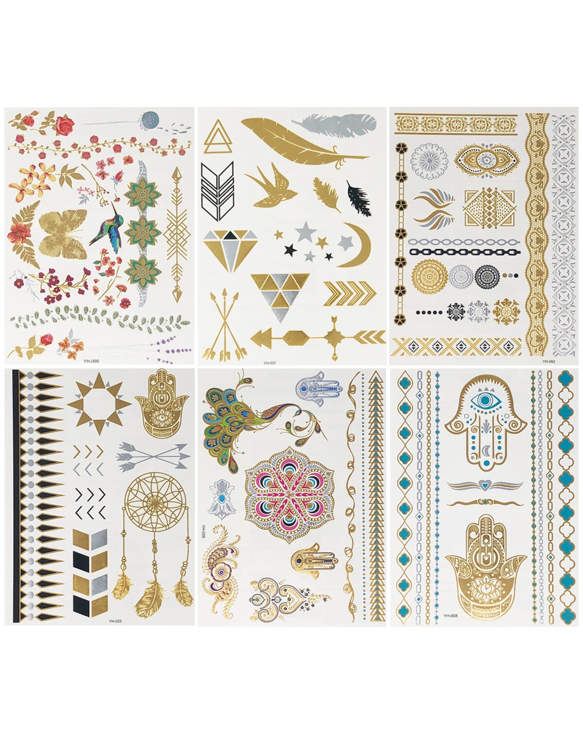 Wrapables Celebrity Inspired Temporary Tattoos in Metallic Gold Silver and Black (6 Sheets), Large, Feathers & Floral