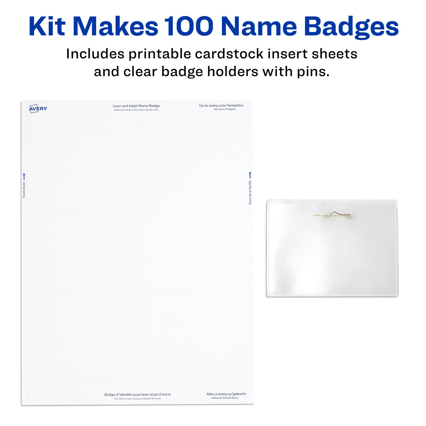 Avery Customizable Name Badges with Pins, 3&#x22; x 4&#x22;, Clear Name Tag Holders with White Printable Inserts, 100 Pin Style Name Badges (74540)