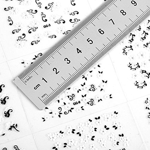 Wrapables 24 Sheets Black &#x26; White Flowers with Rhinestones Nail Stickers Set Nail Art