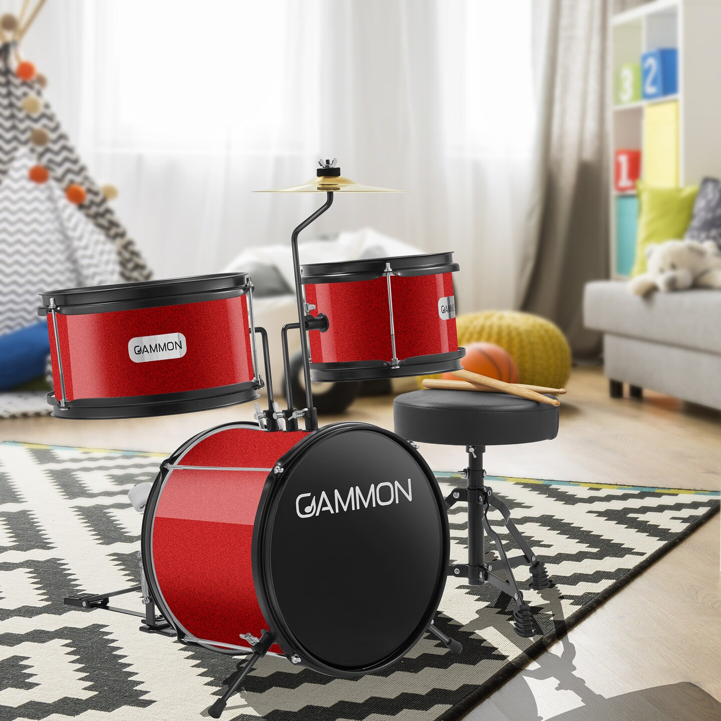 Gammon 3-Piece Junior Drum Set with Throne, Complete Beginner Kit with Bass Drum, Toms, Cymbal, Pedal, and Drumsticks