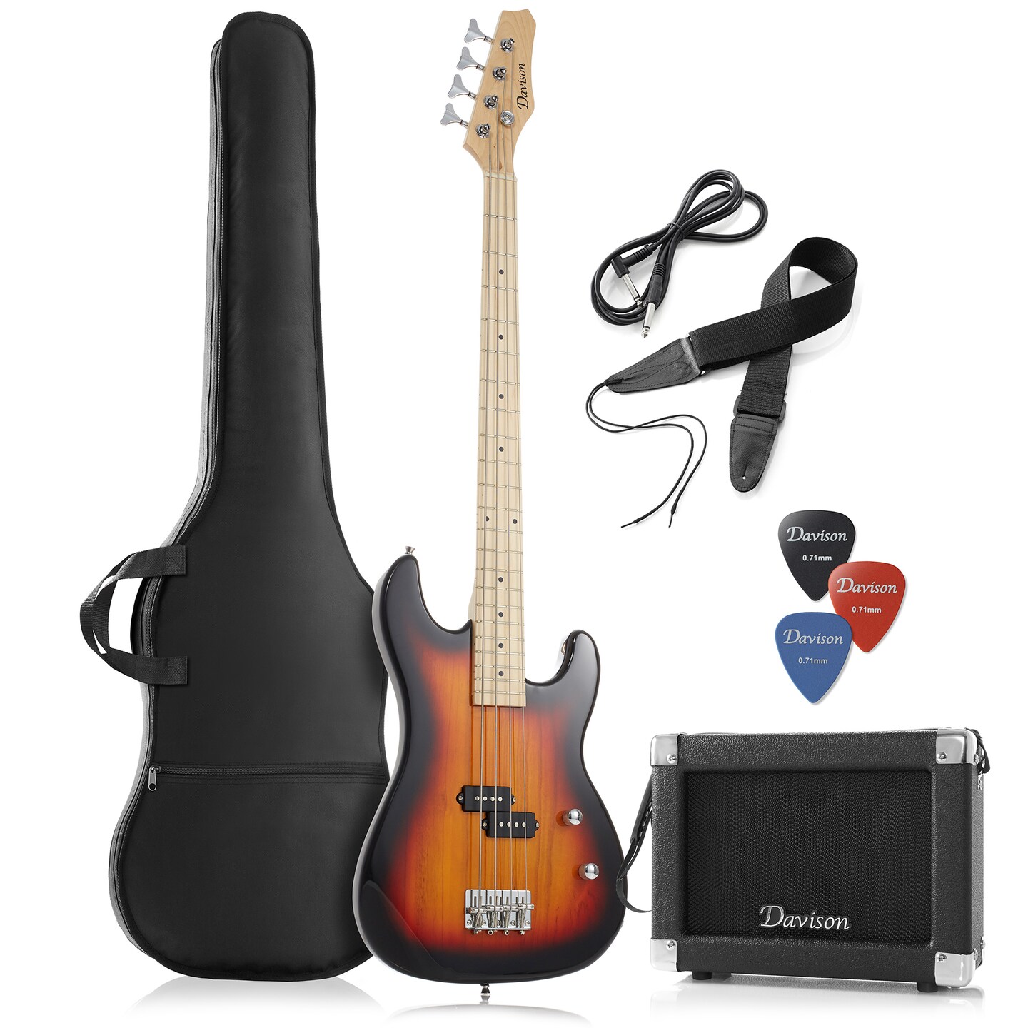 Davison Full Size Electric Bass Guitar with 15-Watt Amp - 4 String Right Handed Beginner Kit with Gig Bag and Accessories