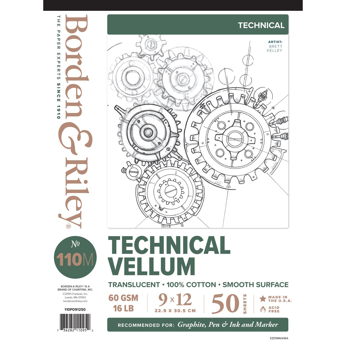 Borden & Riley #110M Technical Vellum Pad, 50 Sheets, 9" X 12"