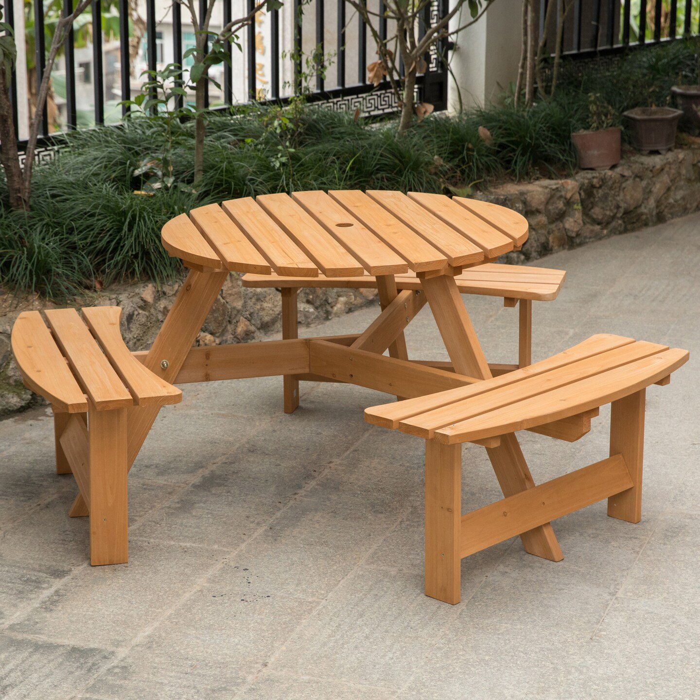 Wooden Outdoor Round Picnic Table with Bench for Patio, 6- Person with Umbrella Hole