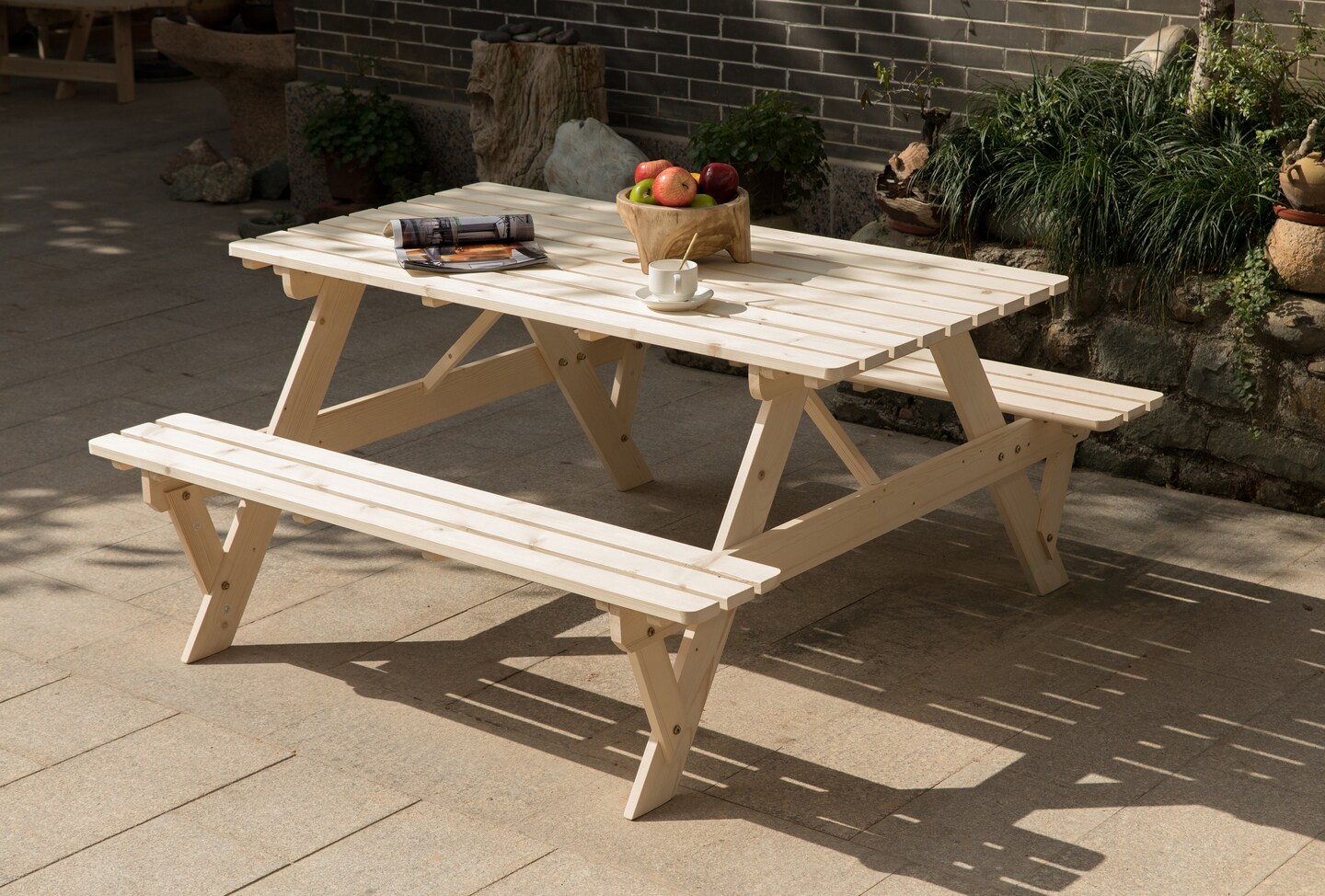 Outdoor Wooden Patio Deck Garden 6-Person Picnic Table, for Backyard, Garden