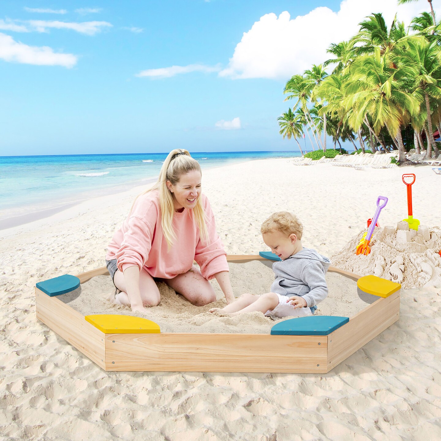 Costway Outdoor Wooden Sandbox with Seats Backyard Bottomless Sandpit for Kids Aged 3+