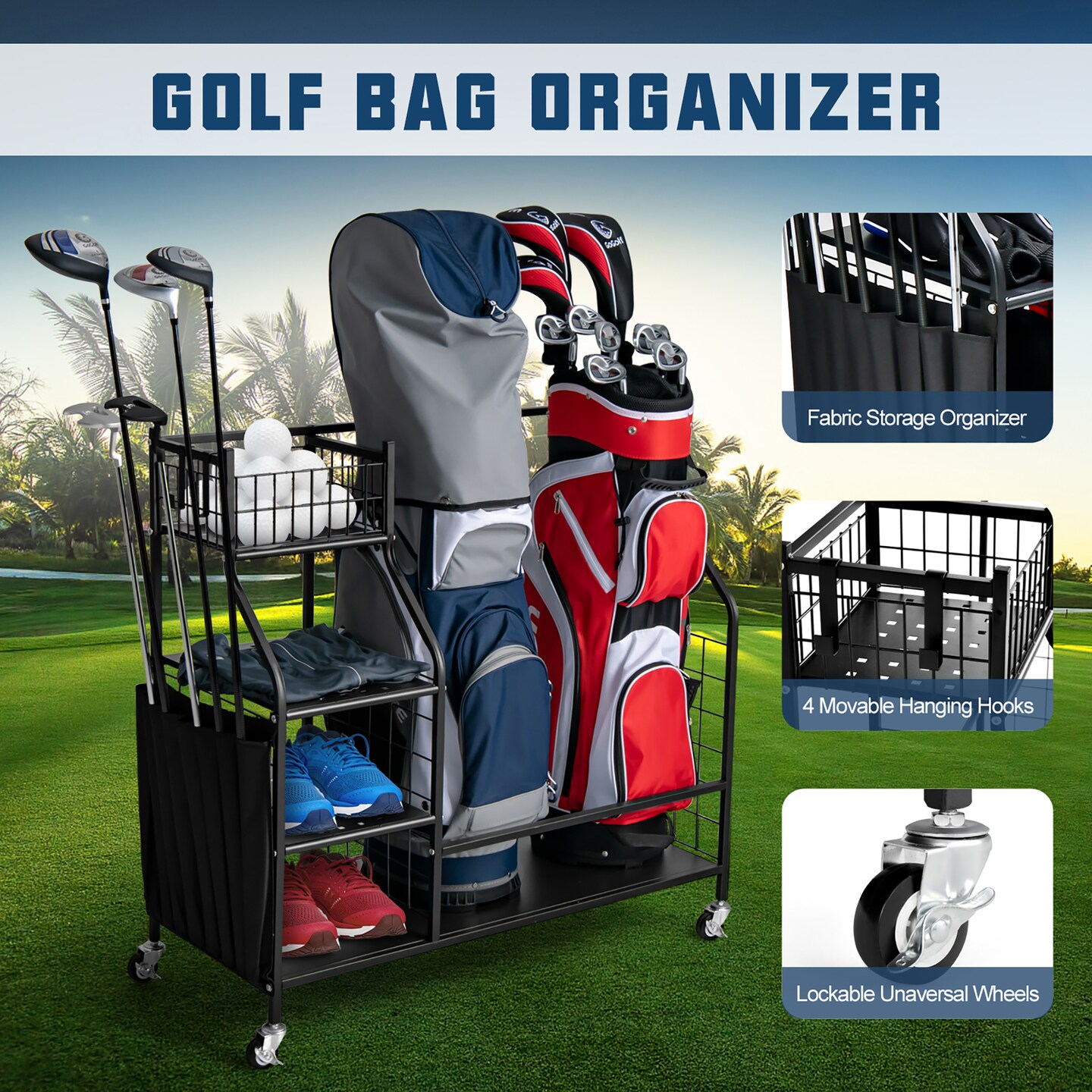 Costway Extra Large Golf Bag Storage Rack for Garage Fits 2 Golf Bags Organizer withWheels