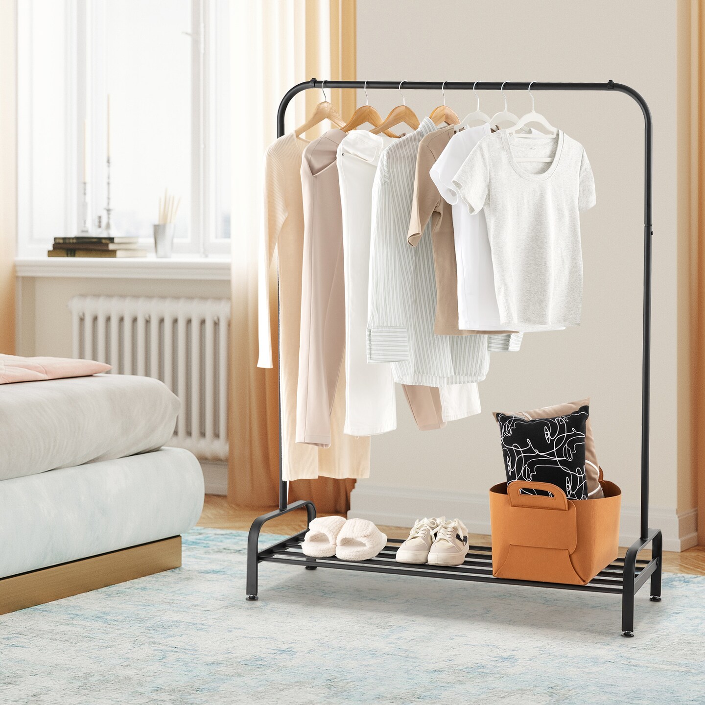 Black Metal Heavy Duty Clothes Stand Rack with Top Rod and Lower Storage Shelf