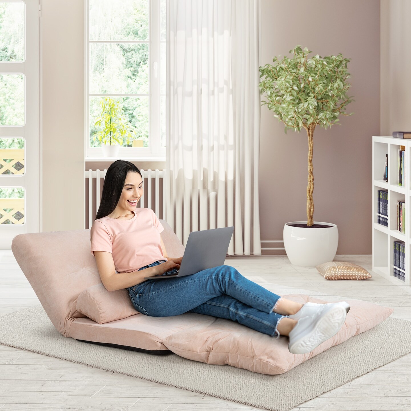 6-Position Adjustable Sleeper Lounge Couch with 2 Pillows