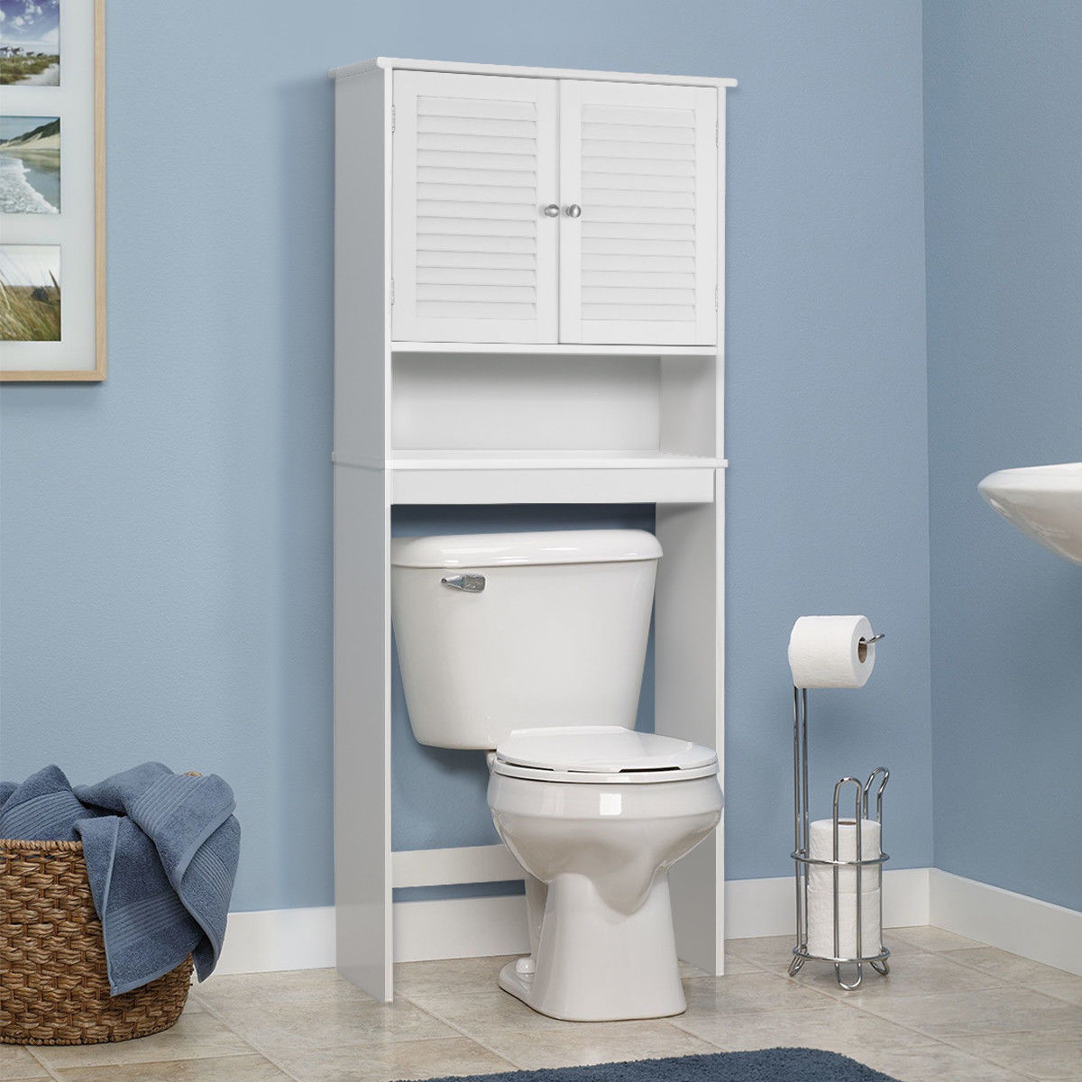 White Over-The-Toilet Bathroom Storage Cabinet with 2 Doors Adjustable Shelves