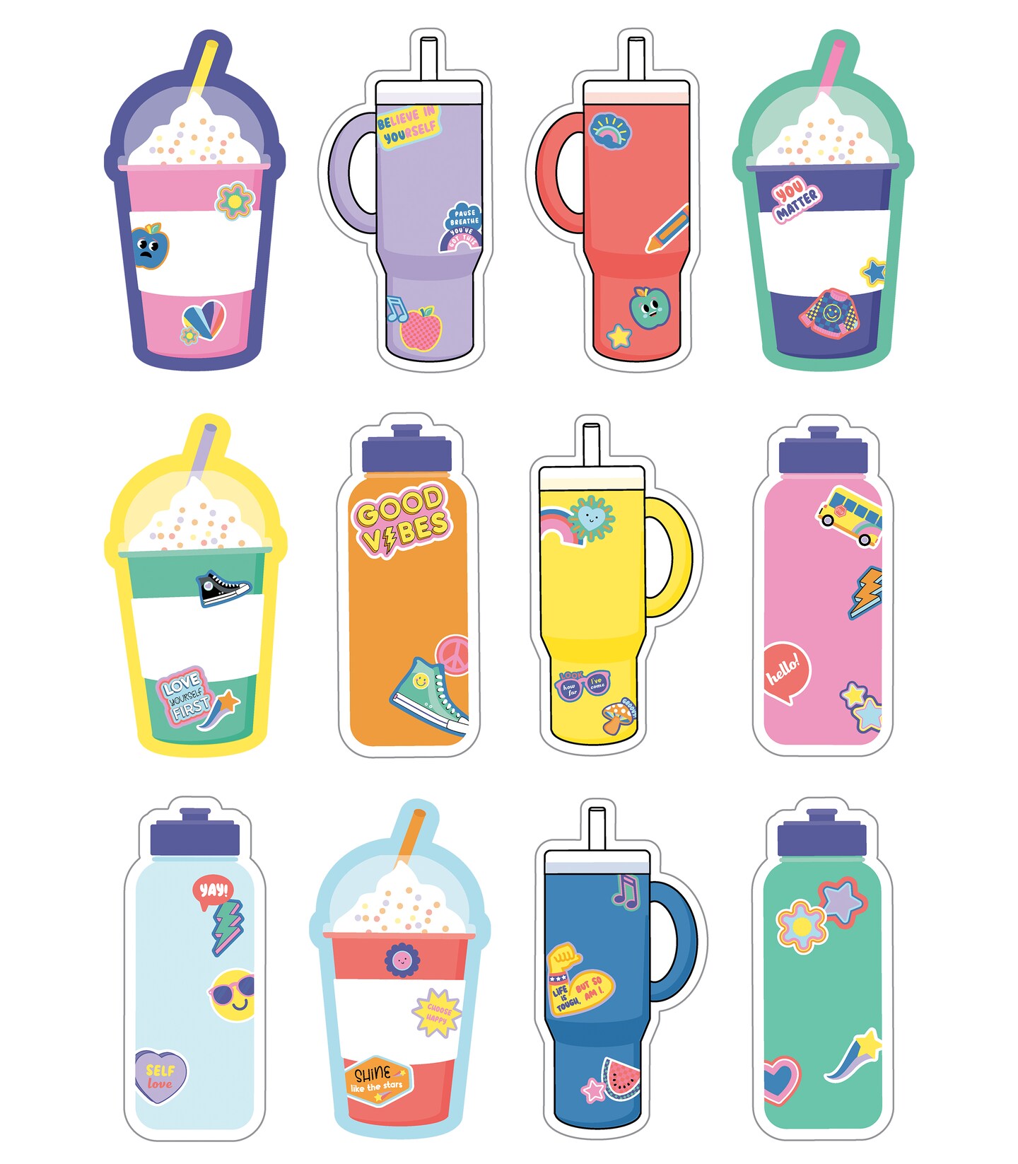 Carson Dellosa We Stick Together 36 Cups and Water Bottles Cutouts, Colorful Water Bottle and Cup Cutouts for Classroom, Colorful Cutouts for Bulletin Board, Arts and Craft, sand Classroom Decor
