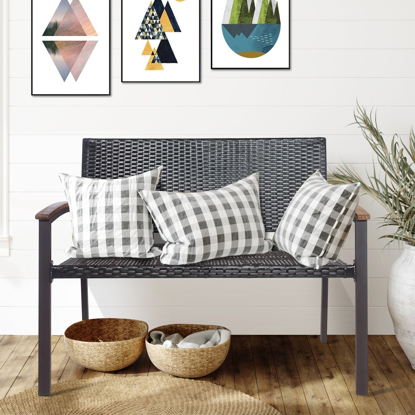 Rattan Patio Seating Bench with Steel Frame and Wood Arms Brown