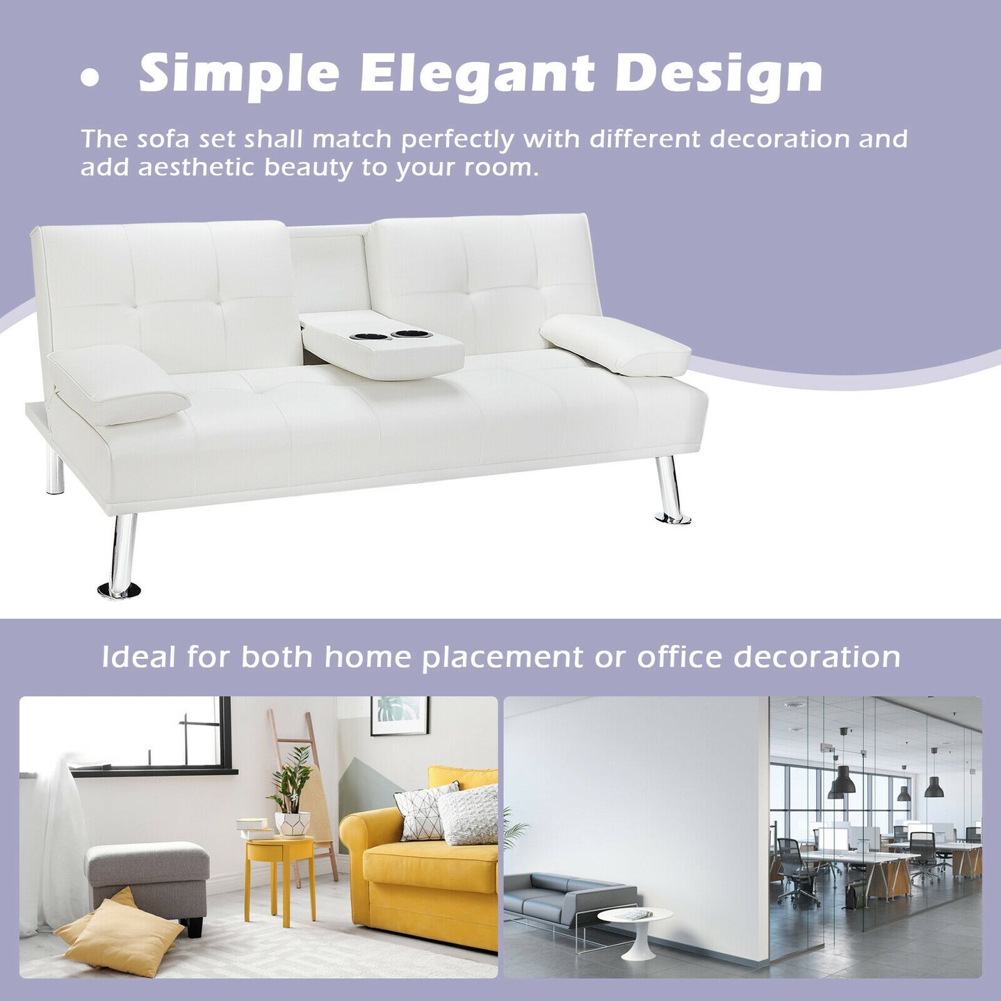 Convertible Folding Leather Futon Sofa with Cup Holders and Armrests