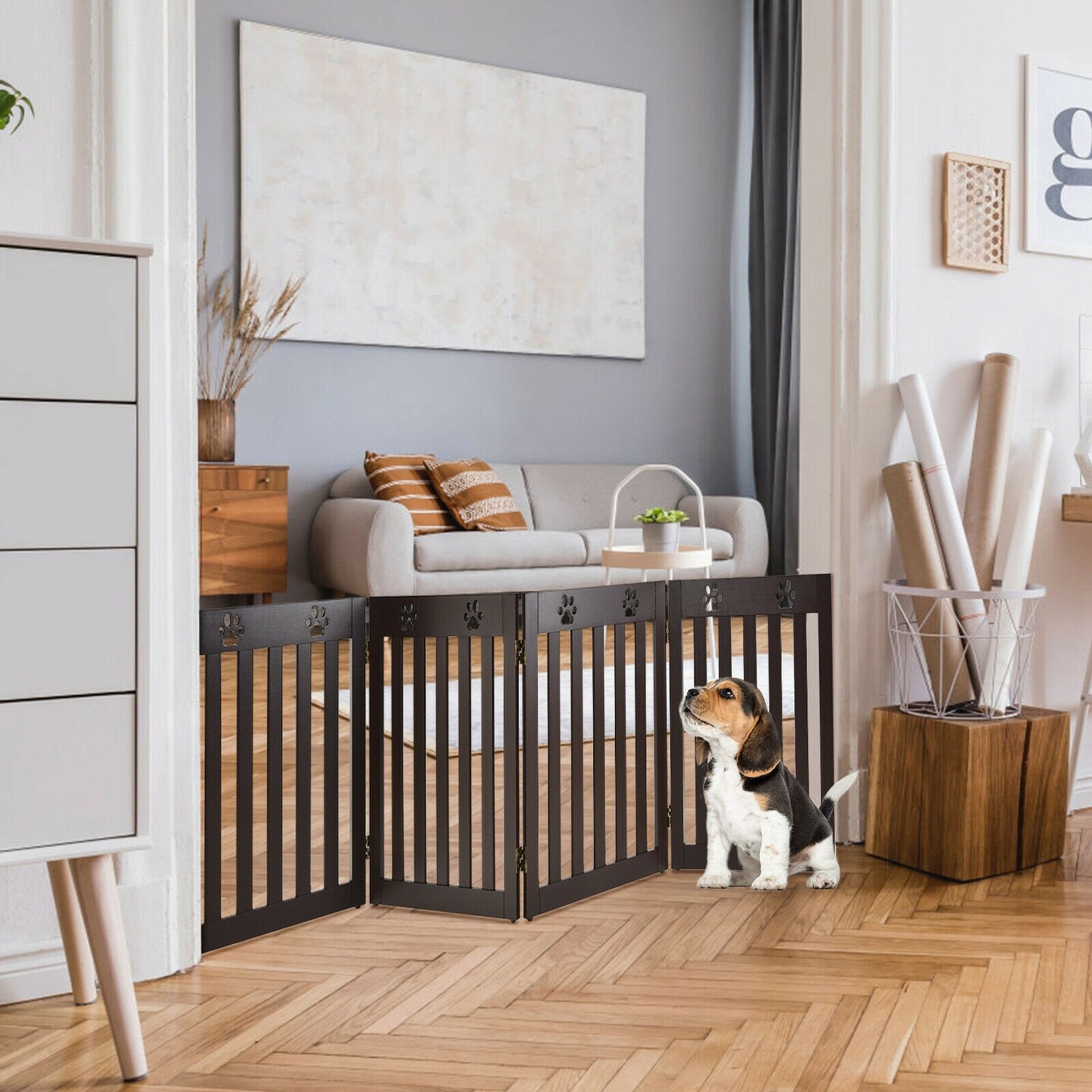 Folding Wooden Freestanding Pet Gate Dog Gate with 360&#xB0; Hinge