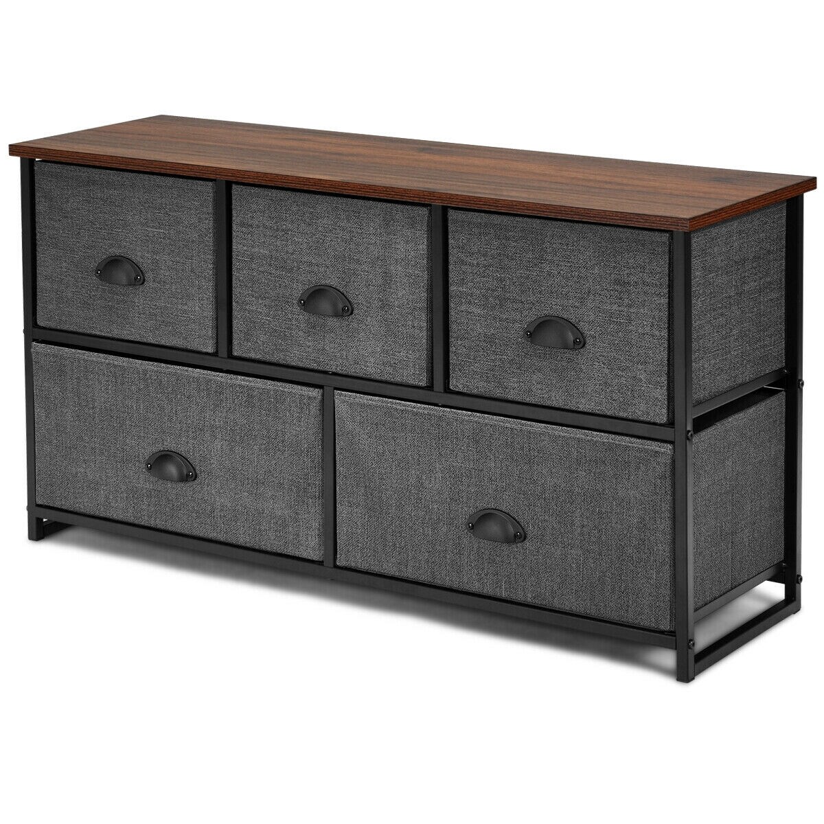 Black Steel 5-Drawer Storage Cabinet Fabric Bins MDF Top Nightstand Bedroom Organizer