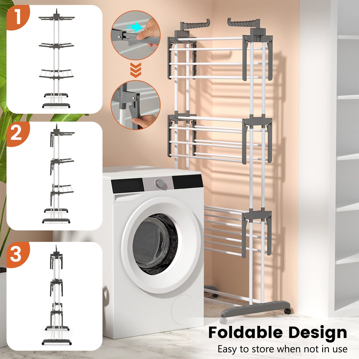 4-Tier Folding Rolling Clothes Drying Rack with Shoe Shelf and Hanger Holders for Indoor and Balcony