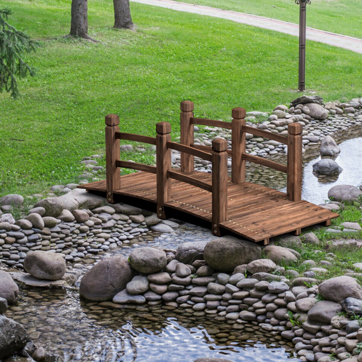 5&#x27; Wooden Garden Bridge Arc Stained Finish Footbridge Decorative