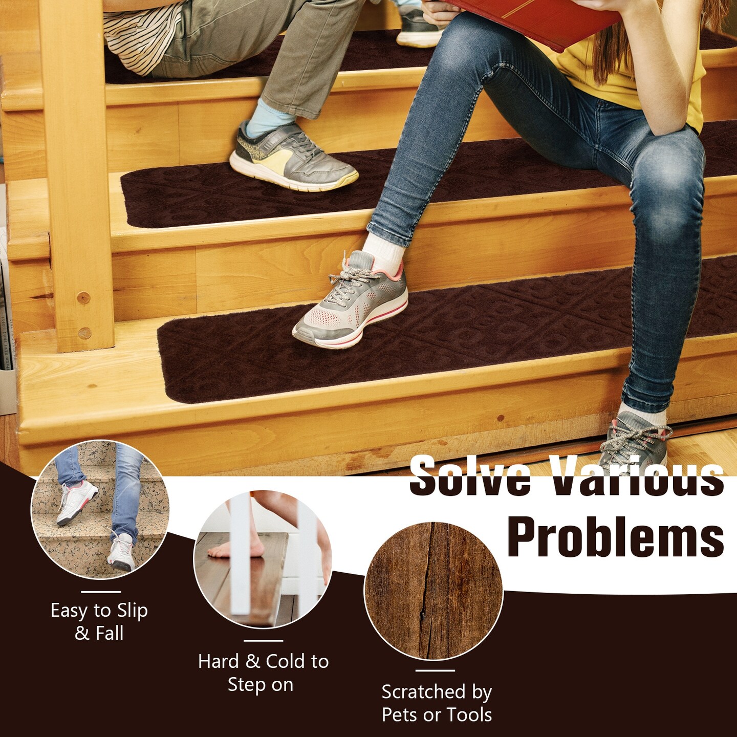 Polyester Non-Slip Stair Treads Set of 15 with Waterproof Surface and Easy Installation