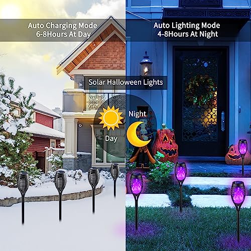 8 Pack Outdoor Halloween Decorations, Halloween Solar Lights with Purple Flame for Halloween Decor, Waterproof Halloween Lights Outdoor, Solar Pathway Lights for Outside Halloween Yard Decorations Lawn