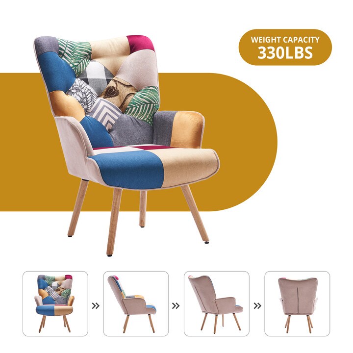 FERPIT Patchwork Accent Chair Mid-Century Modern Arm Chair with Solid Wood Frame and Soft Cushion Single sofa
