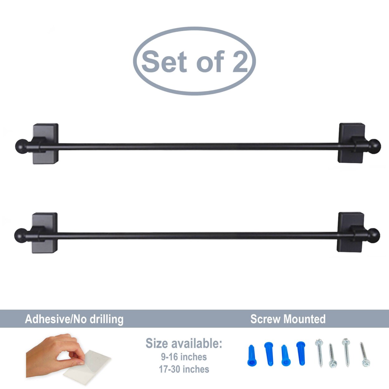 Hermosa Home Decorative Self-Adhesive, Wall Mount Rod 9-16&#x22; Long - Black (Set Of 2)