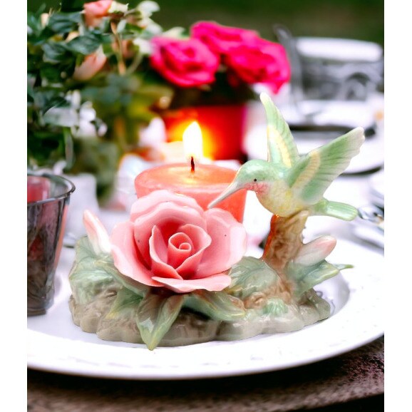 kevinsgiftshoppe Ceramic Hummingbird with Rose Flower and Glass Cup Candle Holder Home Decor