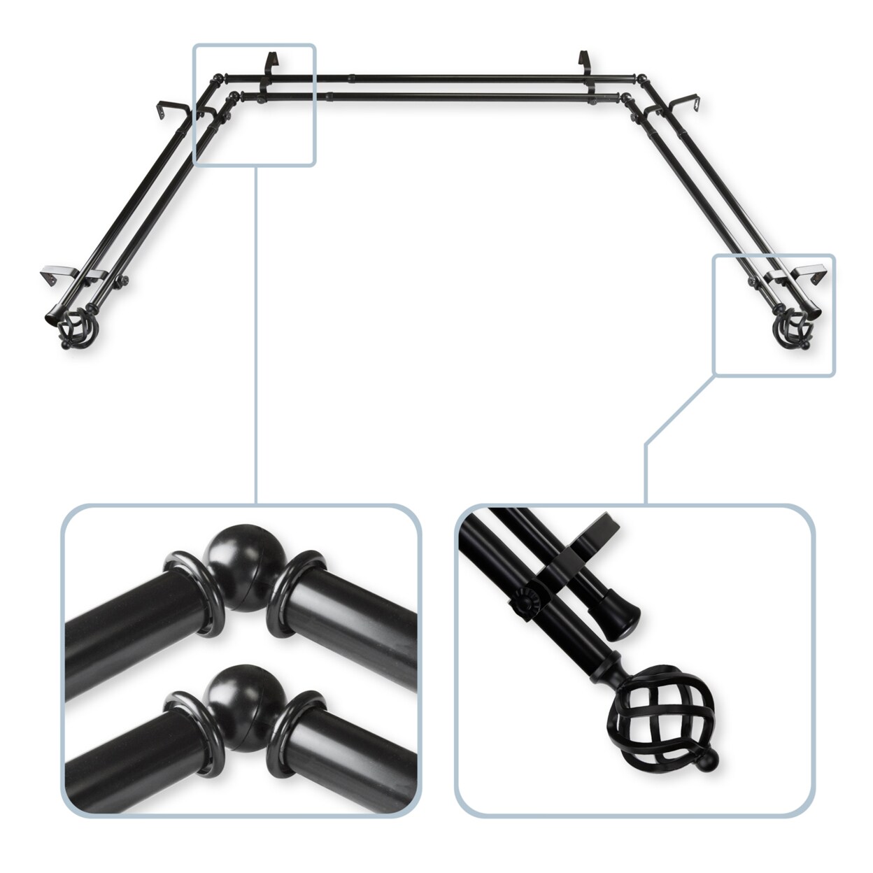 Hermosa Home Ballard 13 by 16" Bay Window Double Curtain Rod 20"36