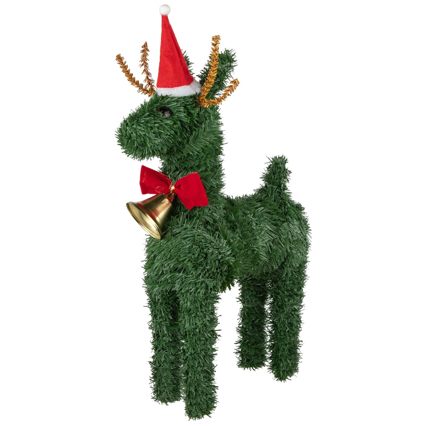 Northlight Reindeer with Santa Hat, Bell and Bow Artificial Pine Christmas Decoration - 16&#x22;