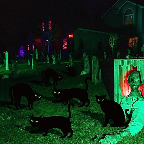7Pcs Fluorescence Halloween Decorations Outdoor Yard Signs Tombstones,Glow  in the Dark Skeleton Black Cat Pumpkin Silhouette Lawn Signs with Stakes