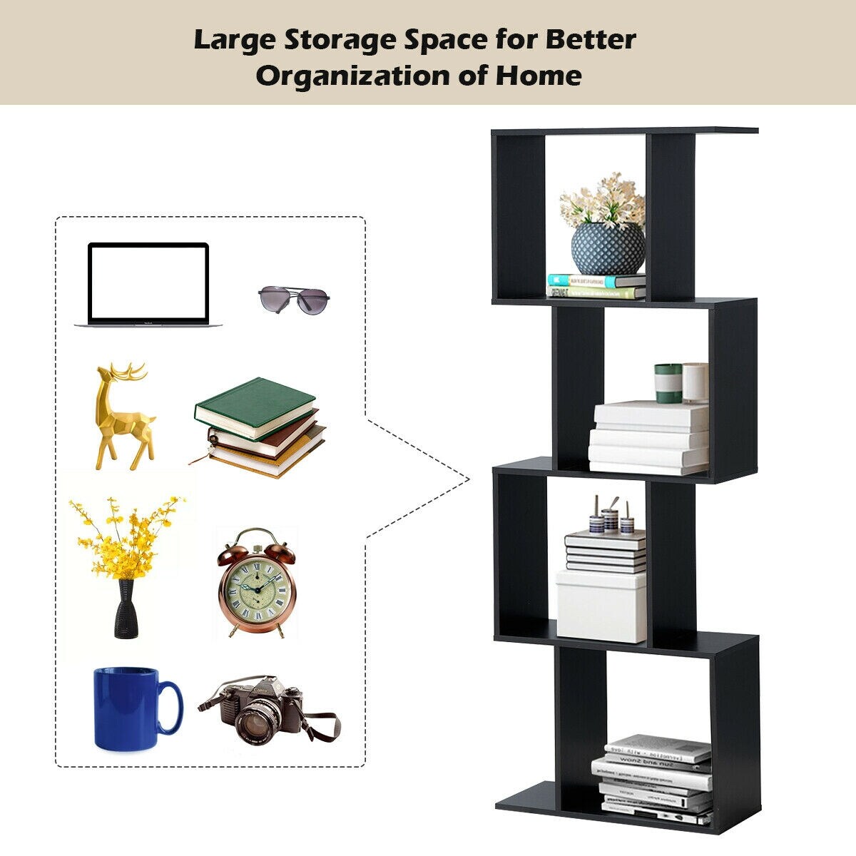 Black MDF Particle Board S-Shaped Bookcase and Display Rack