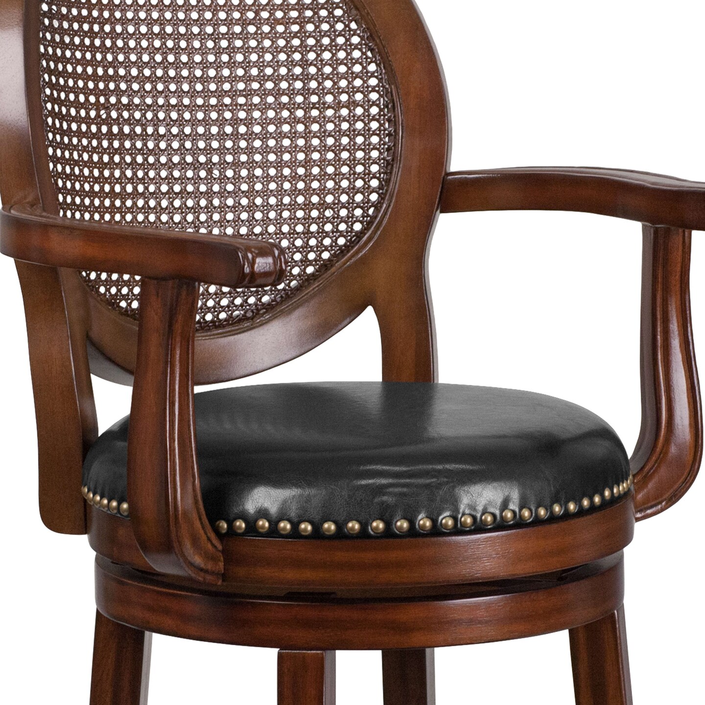 Merrick Lane Mathieu Swivel Stool with Oval Rattan Back, Arms and Upholstered Swivel Seat