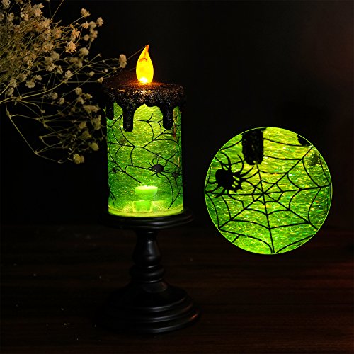 Eldnacele Halloween Snow Globe Candles Lighted Lamp, Battery Operated Spooky Spinning Water Glittering Tornado Candles Flameless Candles Table Centerpiece for Halloween Celebration Parties(Spider)