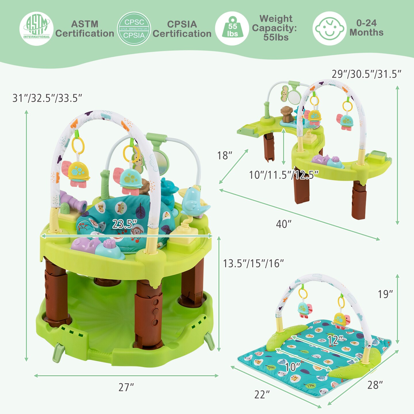 3-in-1 Baby Activity Center with 3-position for 0-24 Months