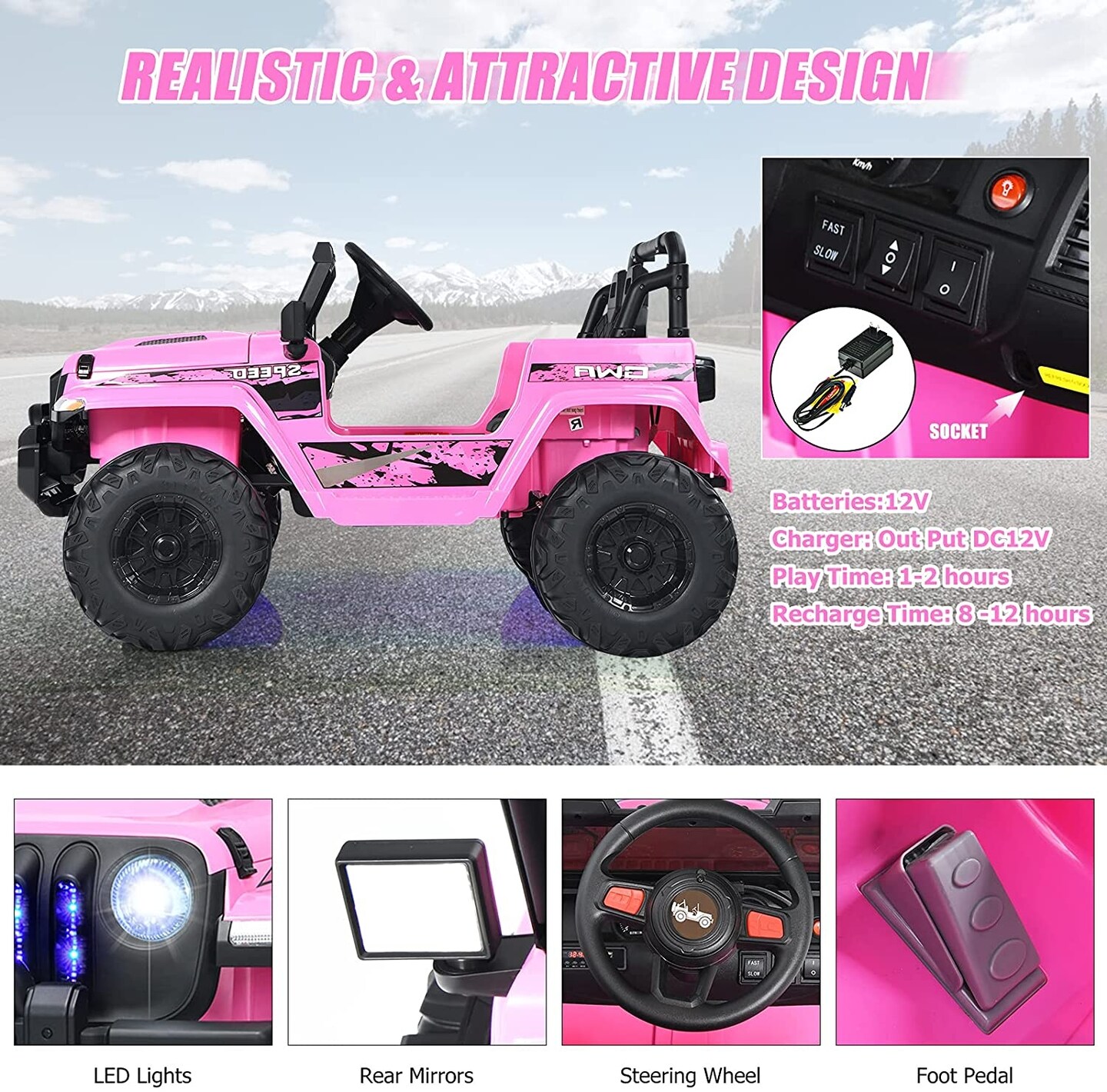12V Kids Ride-on Jeep Car with 2.4 G Remote Control and LED Light Effects
