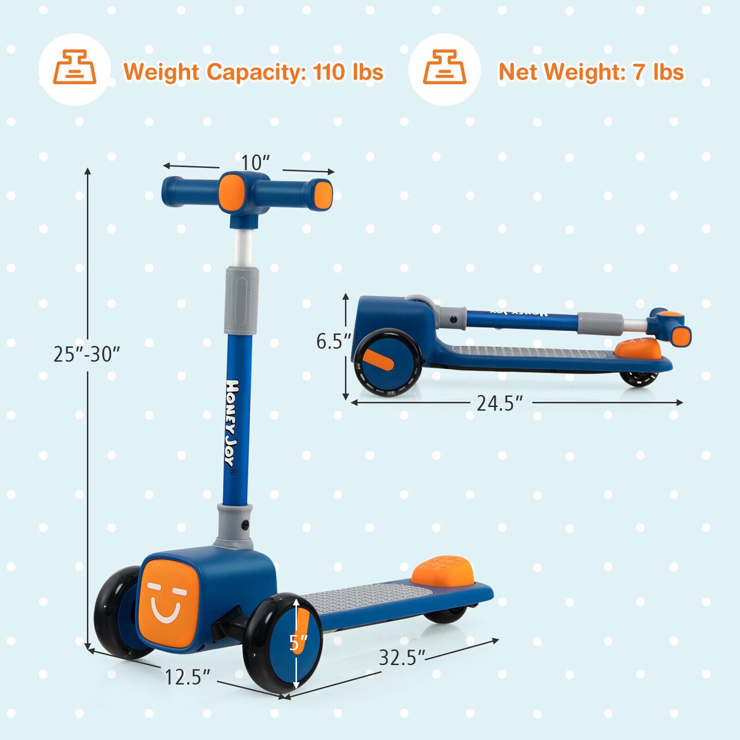 3 Adjustable Heights Foldable Kids Toy Scooter with LED Flashing Wheels Horn and 4 Emoji Covers