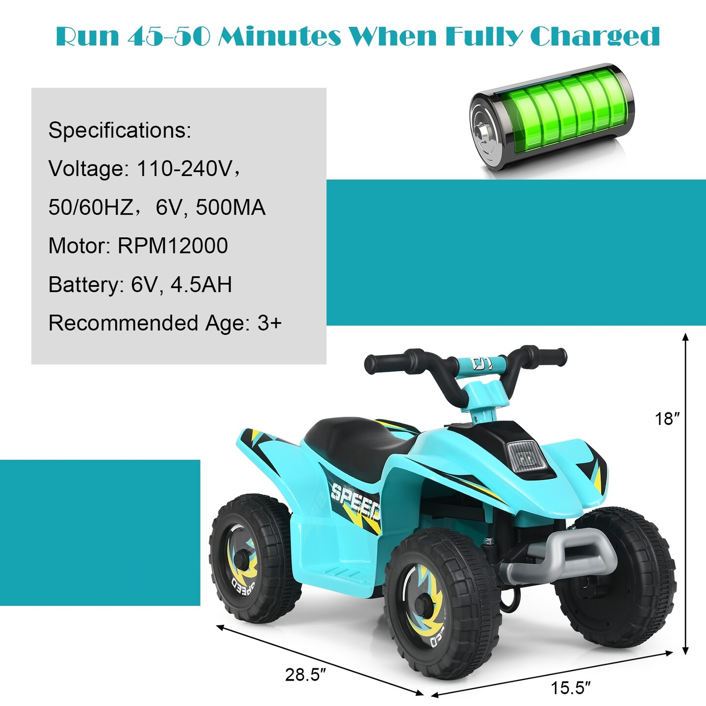 6V Kids Electric 4 Wheels Ride-On Toy with Wear-Resistant Wheels for Indoor Outdoor Use