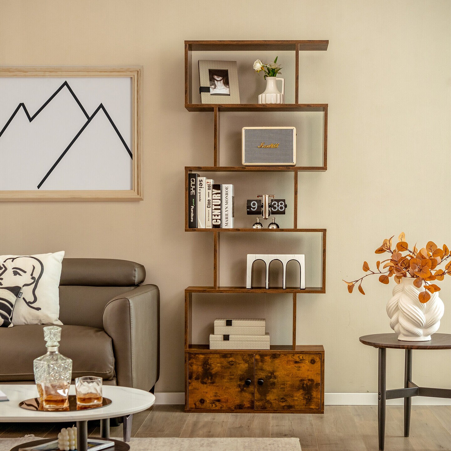 Engineered Wood S-Shaped Bookshelf with Cabinet and Doors