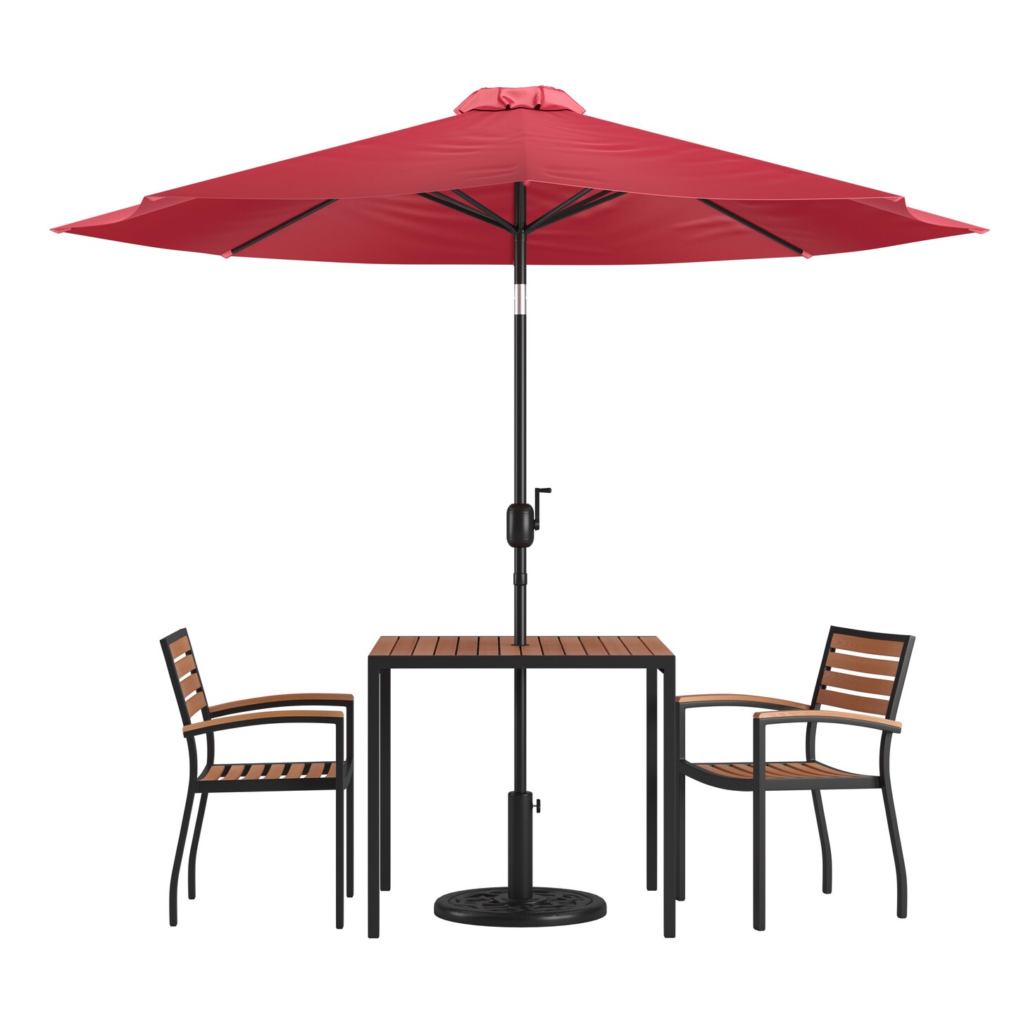 Merrick Lane Hampstead Five Piece Faux Teak Patio Dining Set Includes Table, Two Club Chairs, 9&#x27; Patio Umbrella and Base