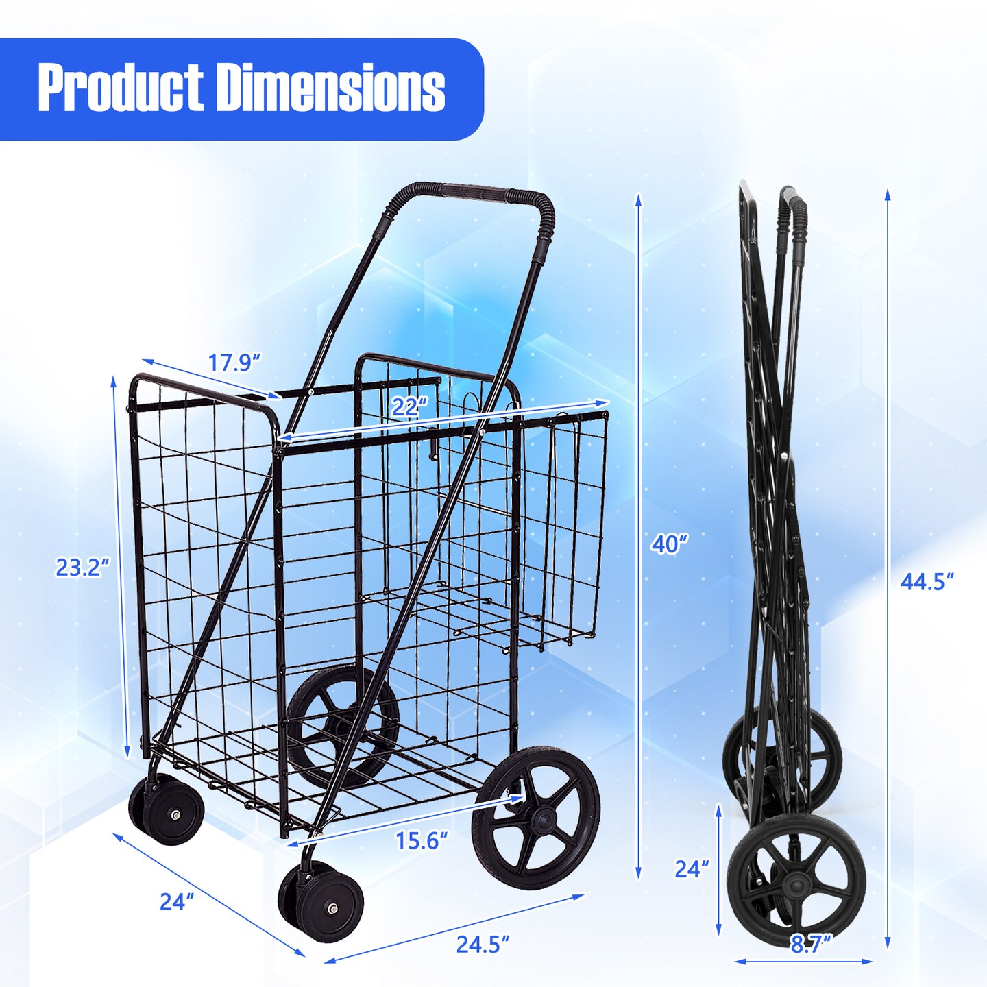 Folding Shopping Cart for Laundry with Swiveling Wheels &#x26; Dual Storage Baskets
